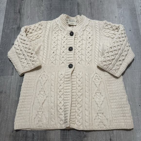 Kilronan Knitwear Ireland 100% Merino Wool Ivory Cable Knit Long Sweater Medium - Picture 1 of 9